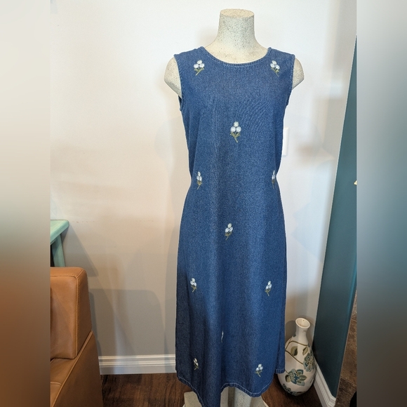 Vintage Denim Maxi sleeveless Dress With Floral Embroidery Women's Size M 10-12 - Picture 3 of 10